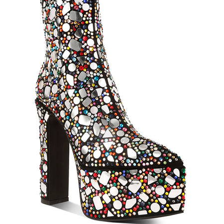 fancy mirror embellished platform high heel boots