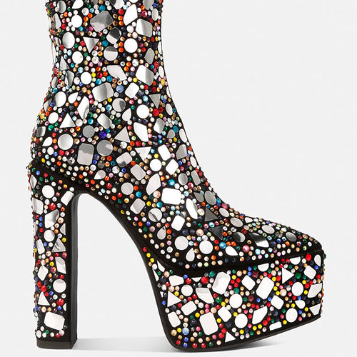 Load image into Gallery viewer, fancy mirror embellished platform high heel boots
