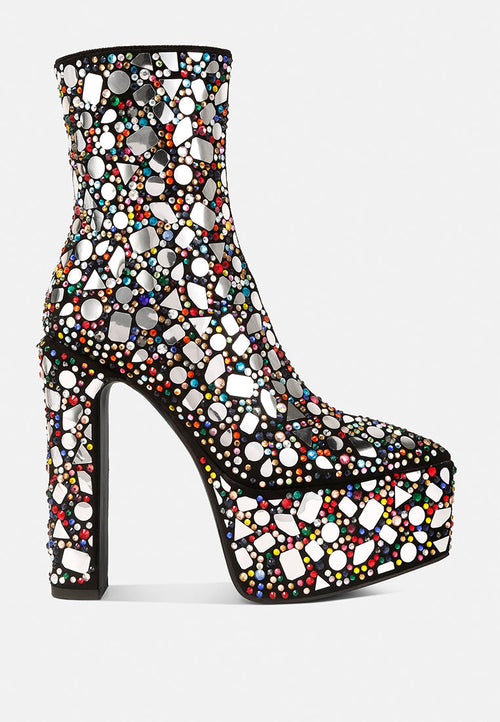 fancy mirror embellished platform high heel boots