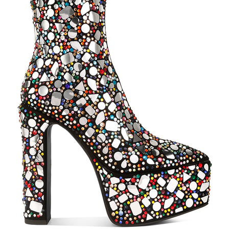 fancy mirror embellished platform high heel boots