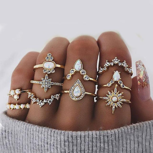 Load image into Gallery viewer, [LIMITED TIME OFFER !!!] 10 Piece Opal Created Ring Set With ® Crystals 18K Gold Plated Ring in
