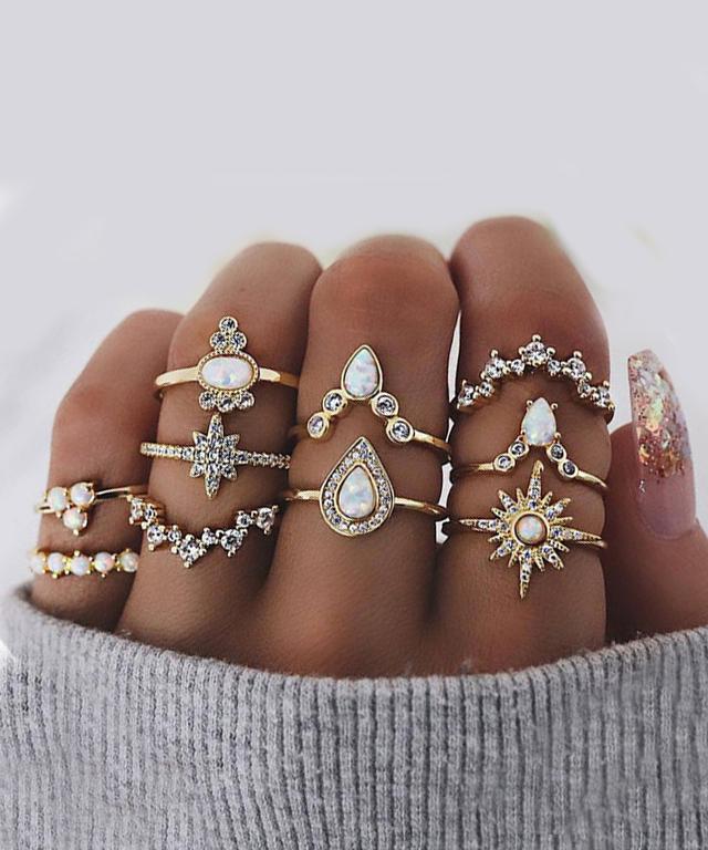 [LIMITED TIME OFFER !!!] 10 Piece Opal Created Ring Set With ® Crystals 18K Gold Plated Ring in