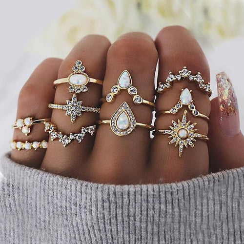 Load image into Gallery viewer, [LIMITED TIME OFFER !!!] 10 Piece Opal Created Ring Set With ® Crystals 18K Gold Plated Ring in
