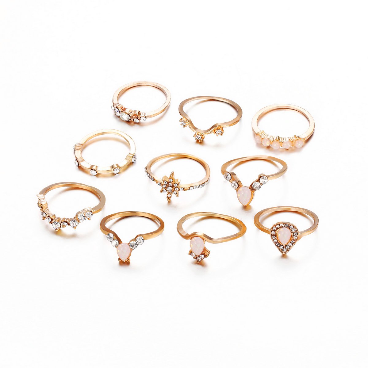 [LIMITED TIME OFFER !!!] 10 Piece Opal Created Ring Set With ® Crystals 18K Gold Plated Ring in