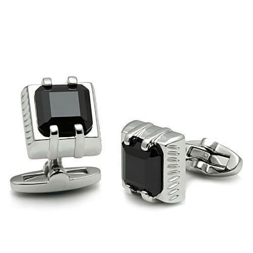 [LIMITED TIME OFFER !!!] LO2305 - Rhodium Brass Cufflink with AAA Grade CZ  in Jet